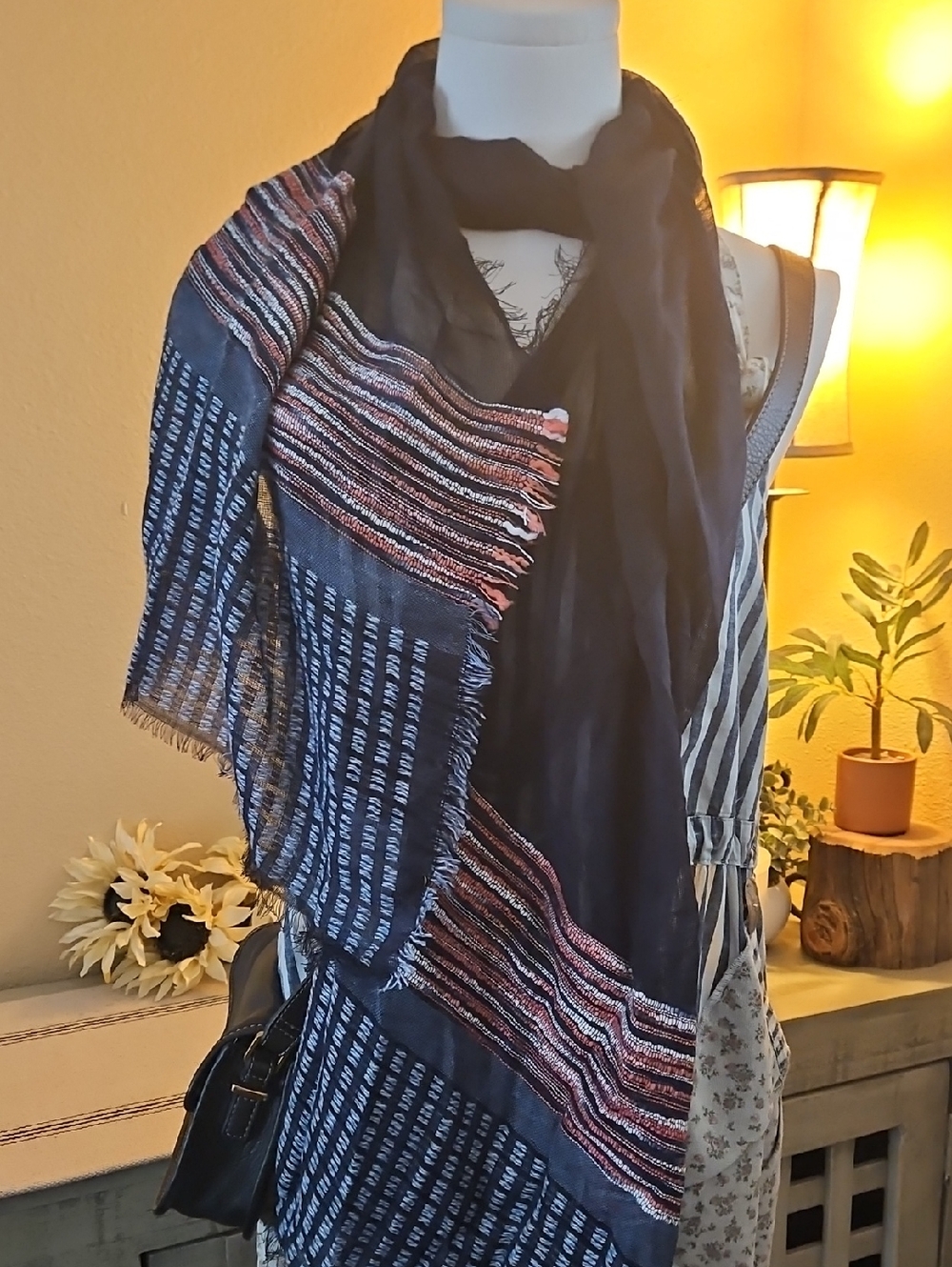 Christopher & Banks Navy Blue Scarf with Multicolor Stripes Fourth of July Gem